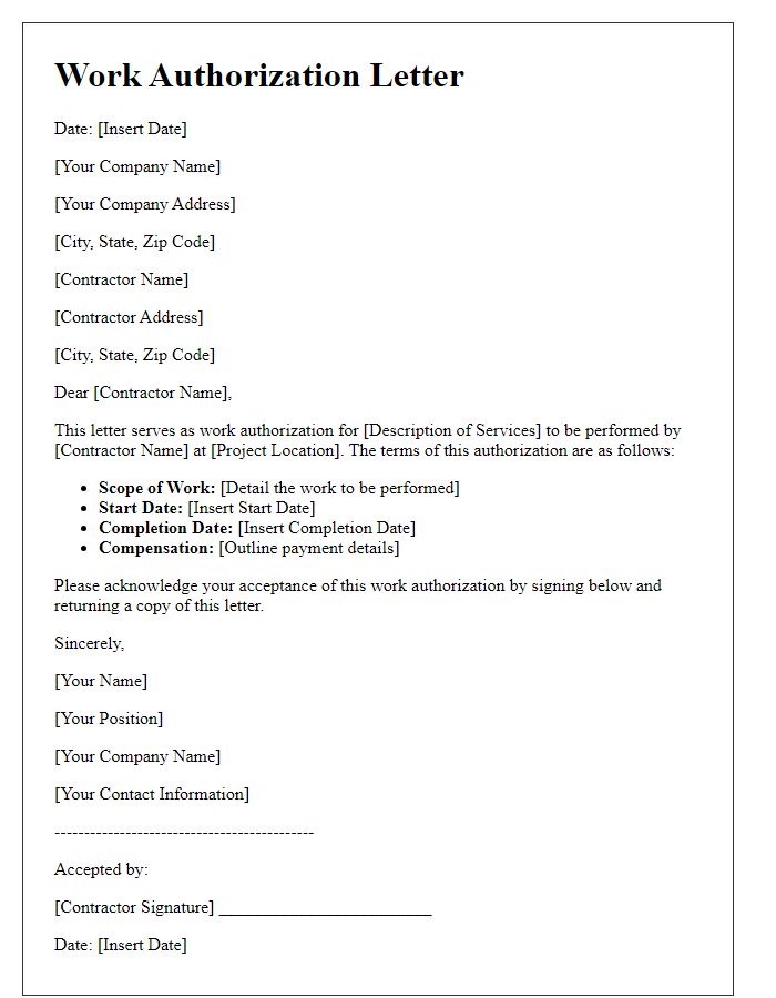 Letter template of work authorization for contractor services