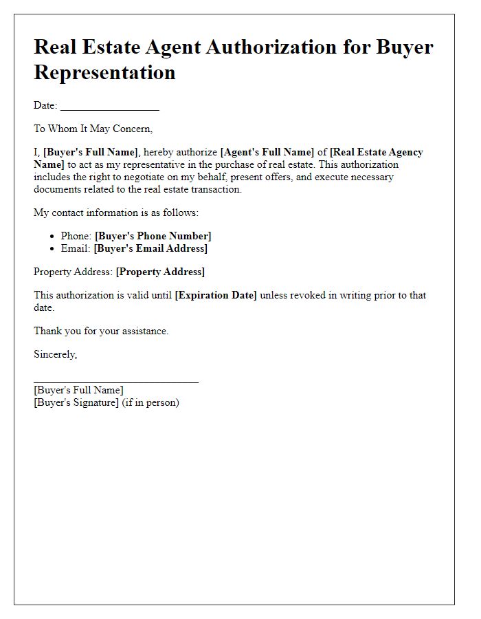 Letter template of real estate agent authorization for buyer representation.