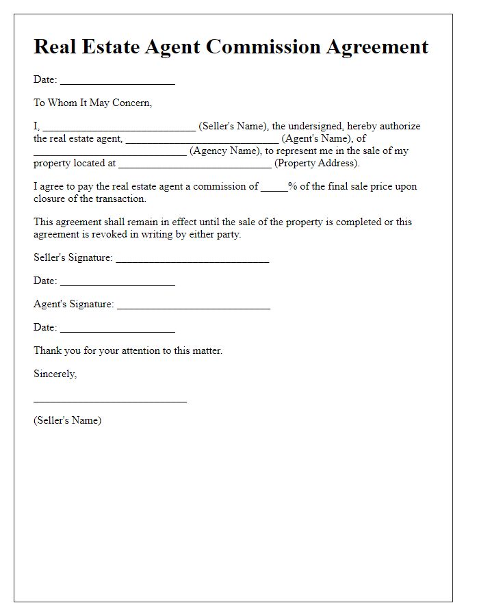 Letter template of real estate agent authorization for commission agreement.