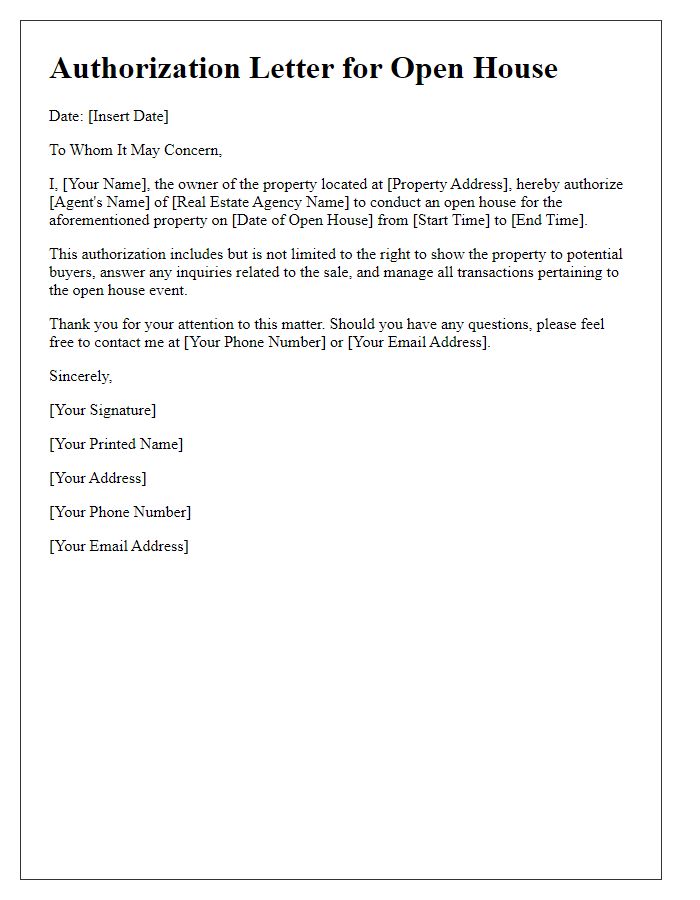 Letter template of real estate agent authorization for open house.