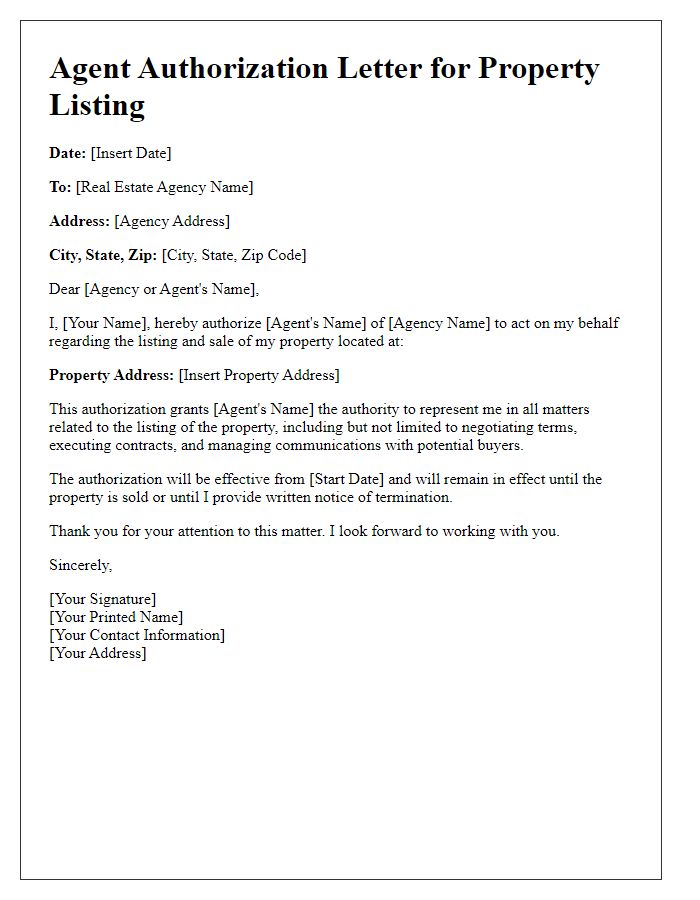 Letter template of real estate agent authorization for property listing.