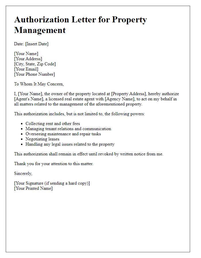 Letter template of real estate agent authorization for property management.