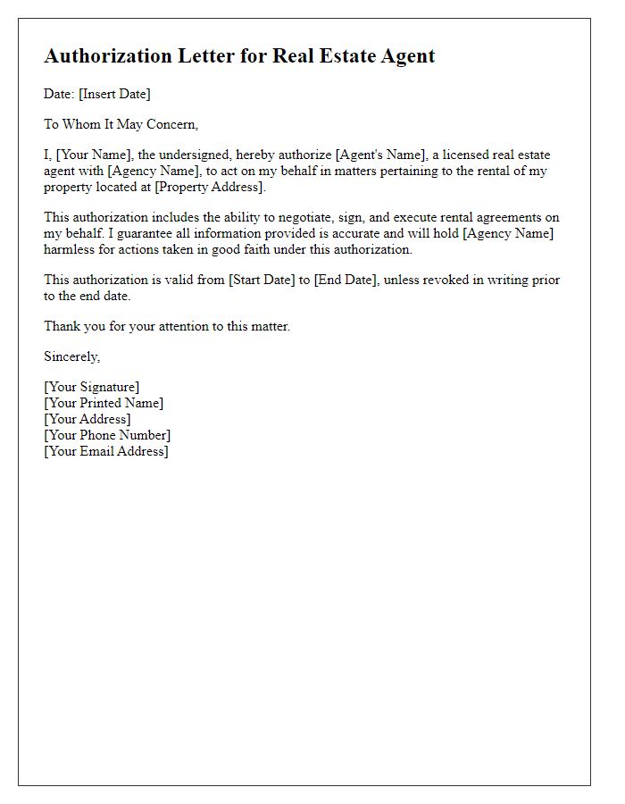 Letter template of real estate agent authorization for rental agreement.