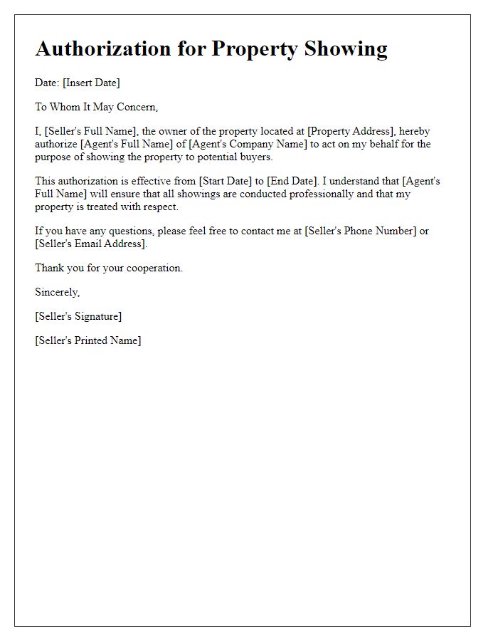 Letter template of real estate agent authorization for showing permission.