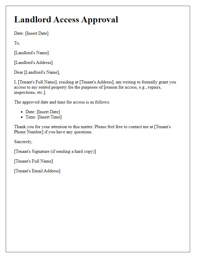 Letter template of landlord access approval by tenant