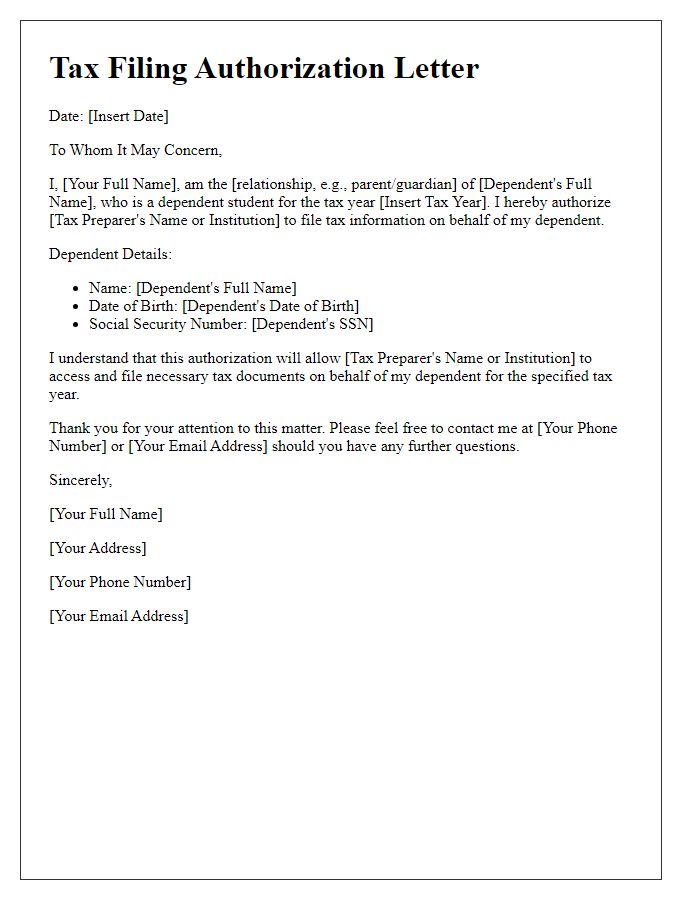 Letter template of tax filing authorization for dependent students.