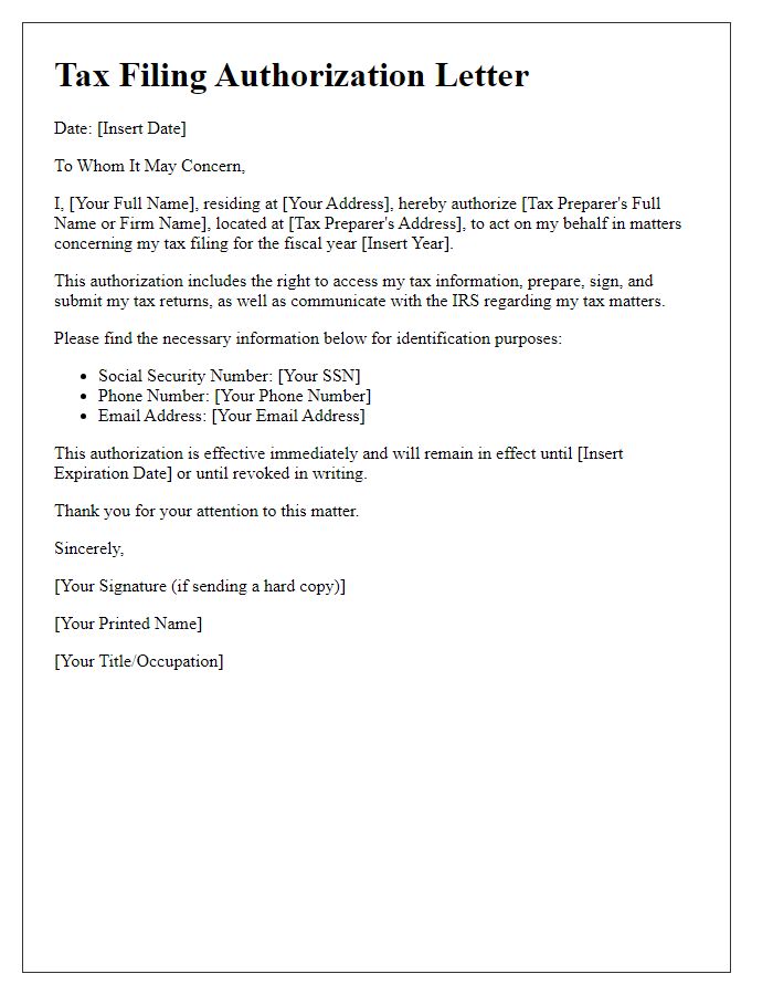 Letter template of tax filing authorization for freelancers and independent contractors.