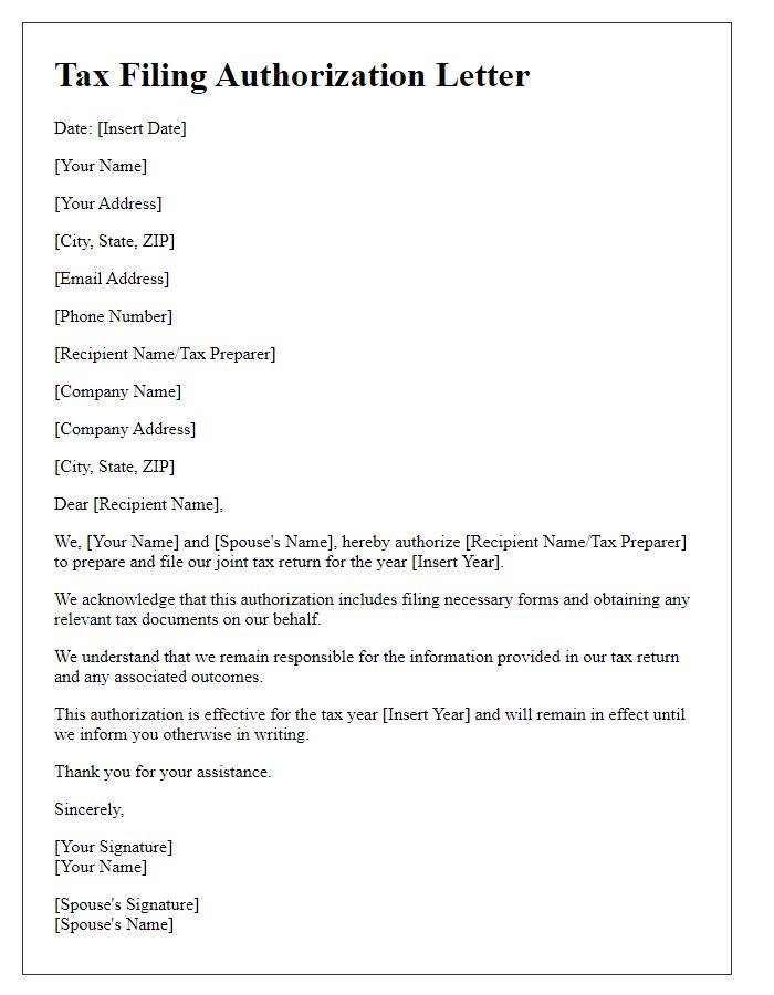 Letter template of tax filing authorization for joint filers.