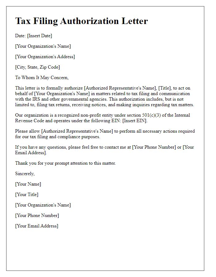 Letter template of tax filing authorization for non-profit organizations.