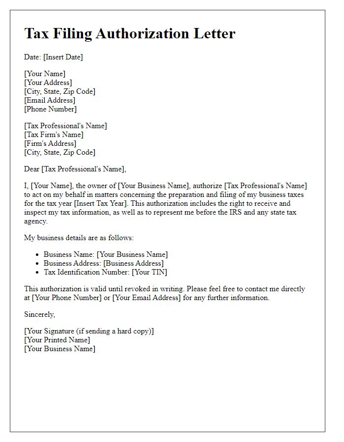 Letter template of tax filing authorization for small business owners.