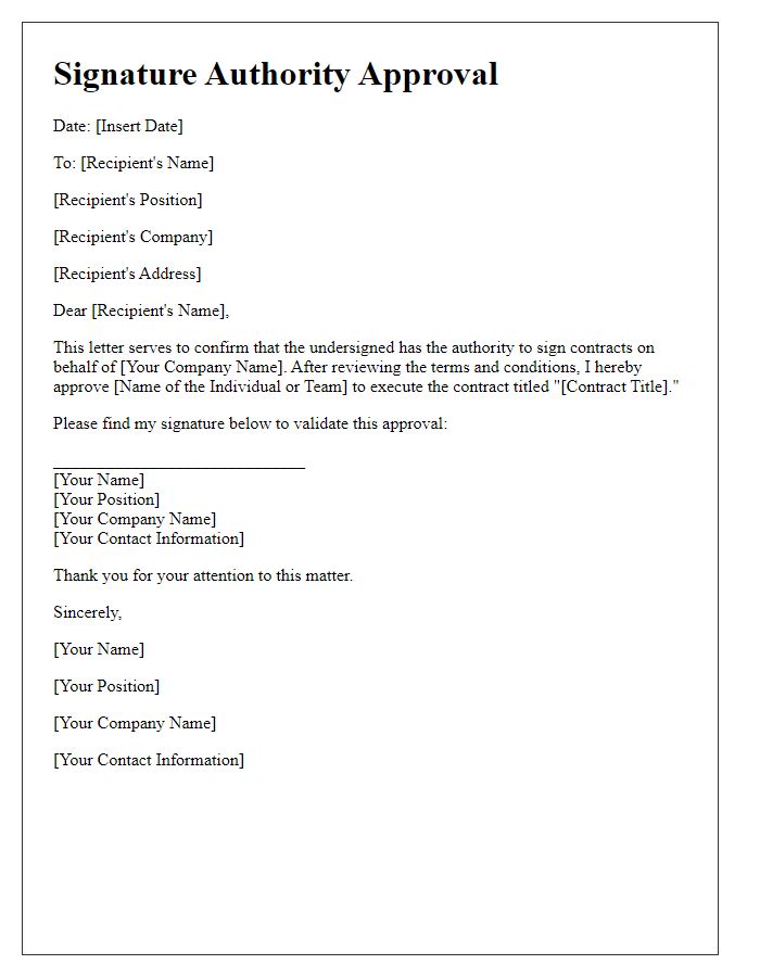 Letter template of signature authority approval for contract signing.