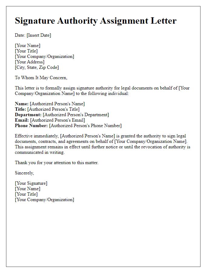 Letter template of signature authority assignment for legal documents.