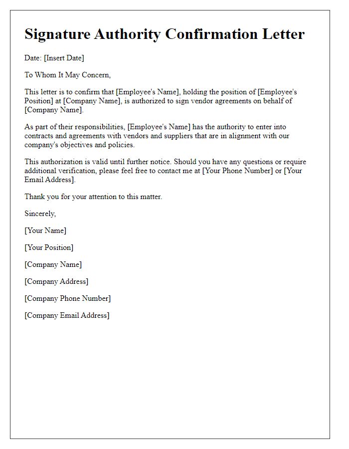 Letter template of signature authority confirmation for vendor agreements.