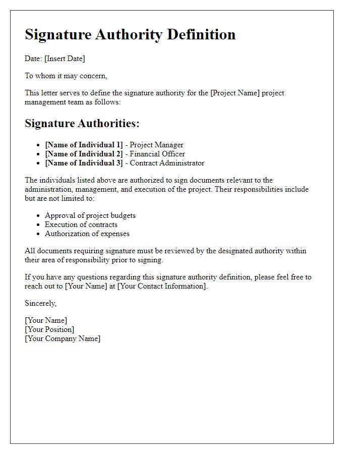 Letter template of signature authority definition for project management.