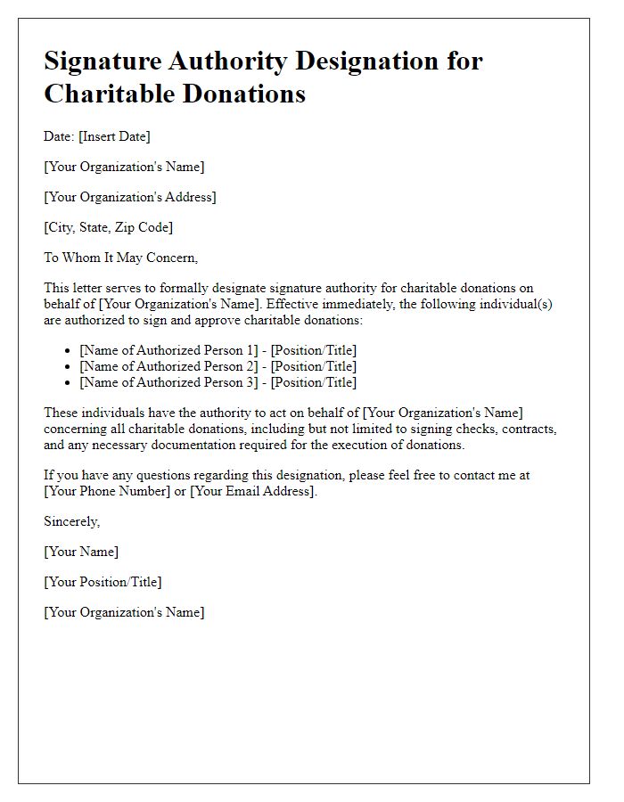 Letter template of signature authority designation for charitable donations.