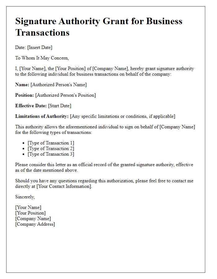 Letter template of signature authority grant for business transactions.