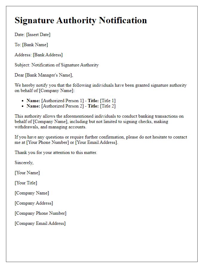 Letter template of signature authority notification for banking purposes.