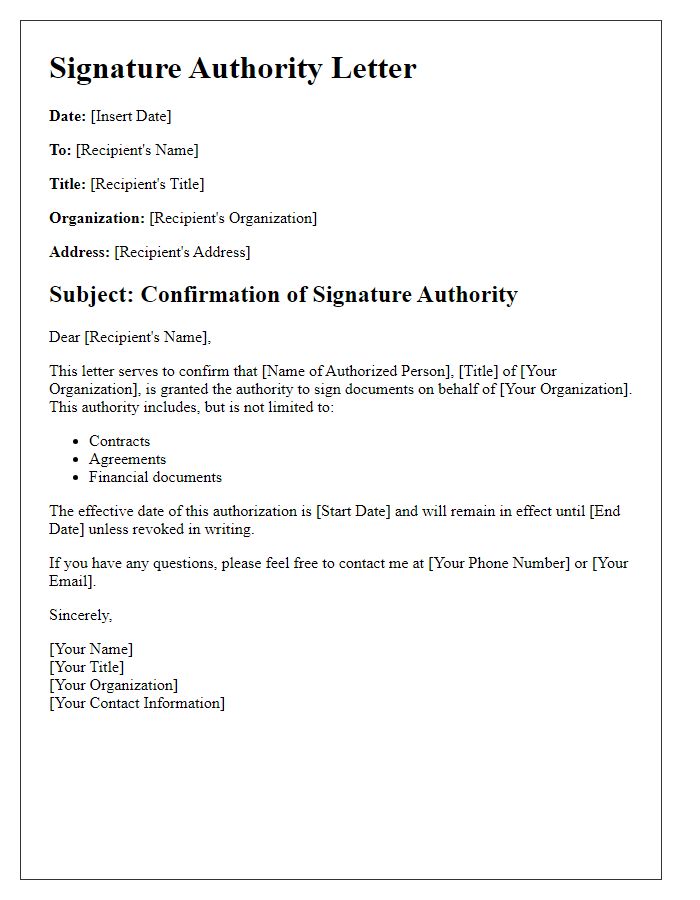 Letter template of signature authority outline for organizational procedures.