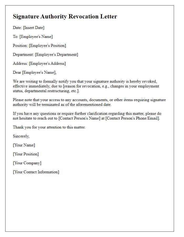 Letter template of signature authority revocation for employee changes.