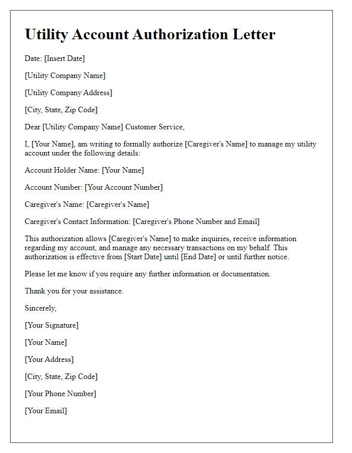 Letter template of utility account authorization for a caregiver.