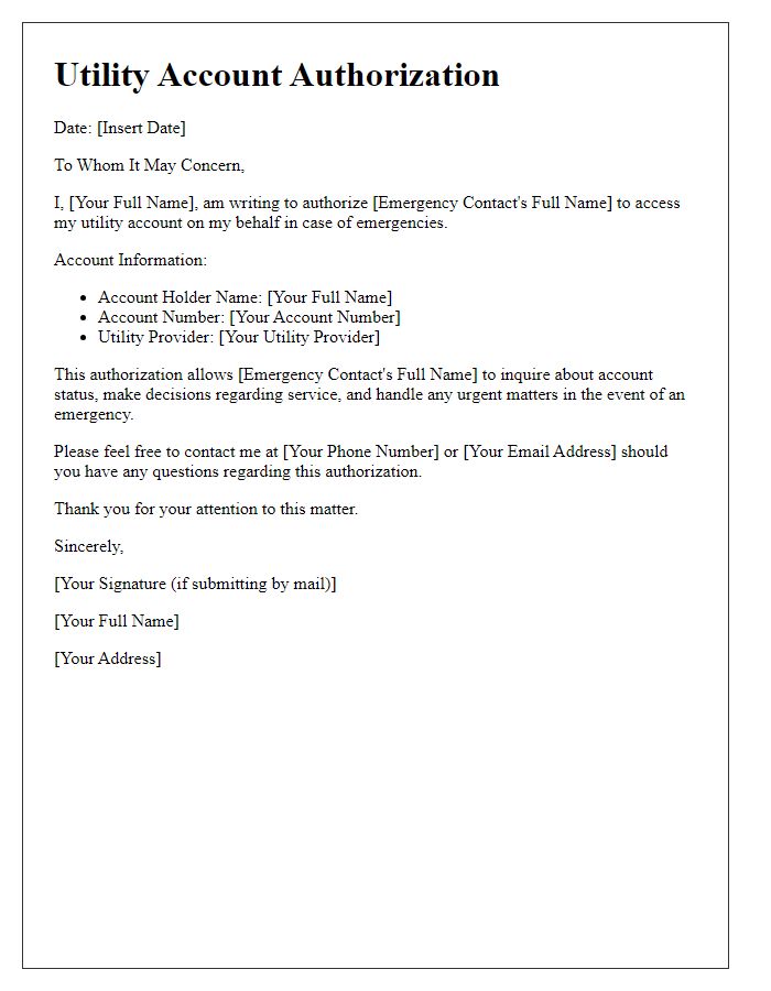 Letter template of utility account authorization for an emergency contact.