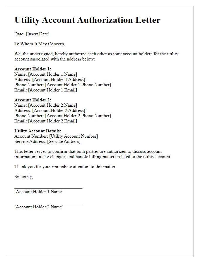 Letter template of utility account authorization for joint account holders.