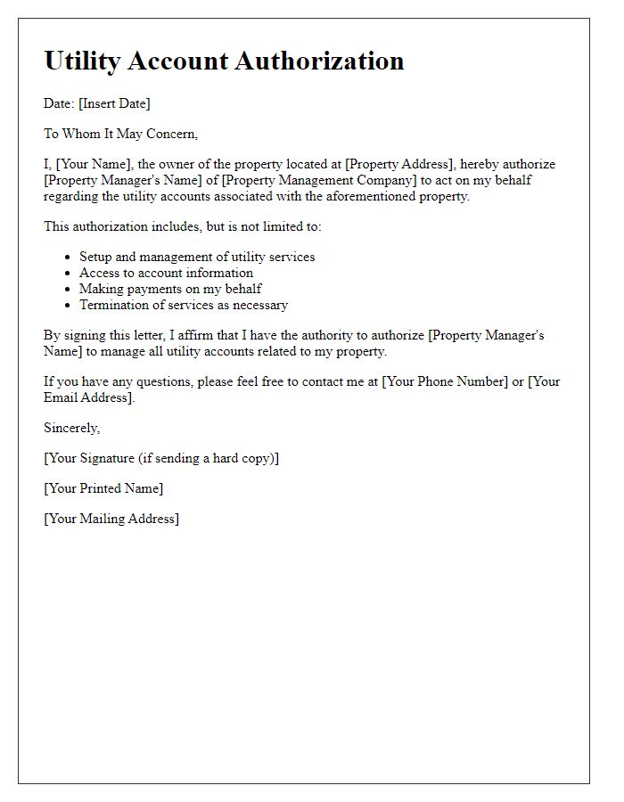 Letter template of utility account authorization for a property manager.