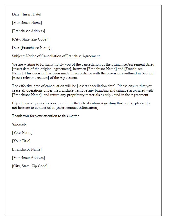 Letter template of Franchise Agreement Cancellation Notice