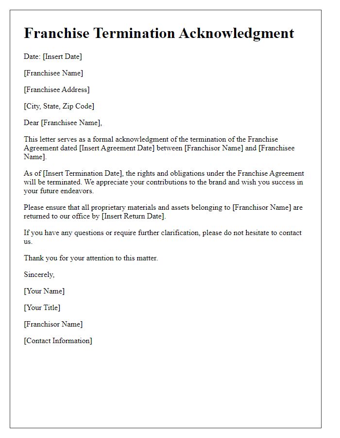 Letter template of Franchise Termination Acknowledgment