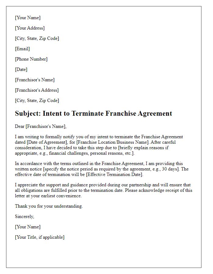 Letter template of Intent to Terminate Franchise Agreement