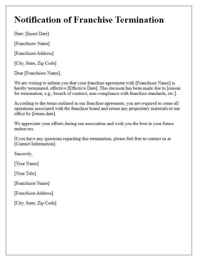 Letter template of Notification of Franchise Termination