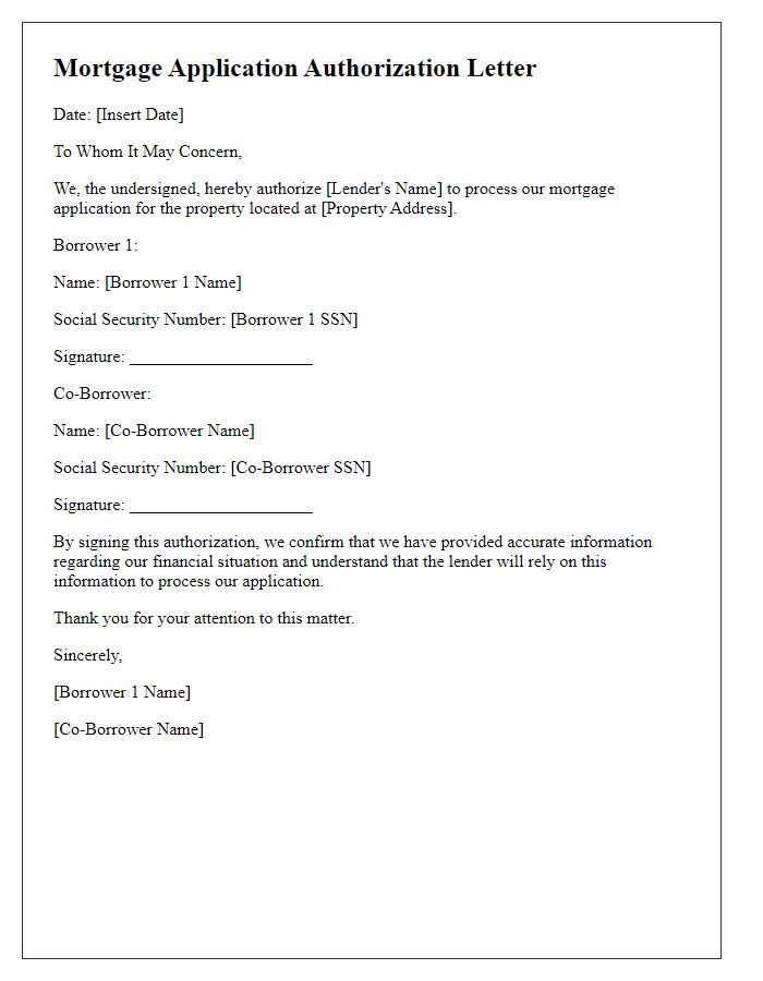 Letter template of mortgage application authorization for co-borrowers.