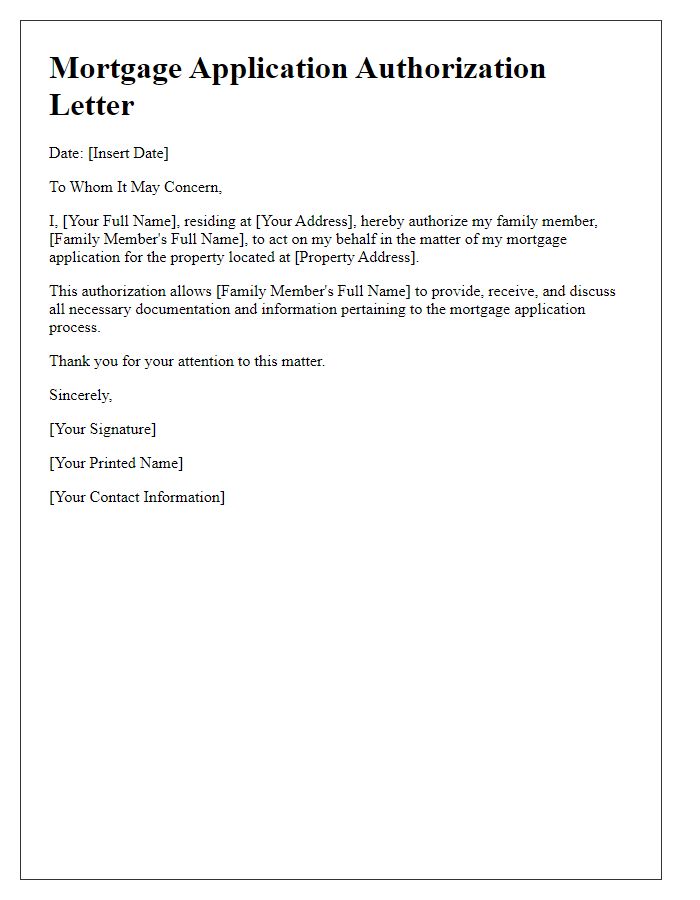 Letter template of mortgage application authorization for family members.