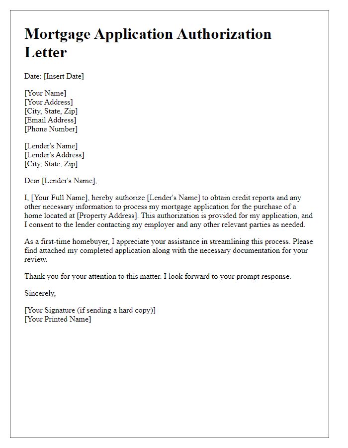 Letter template of mortgage application authorization for first-time homebuyers.