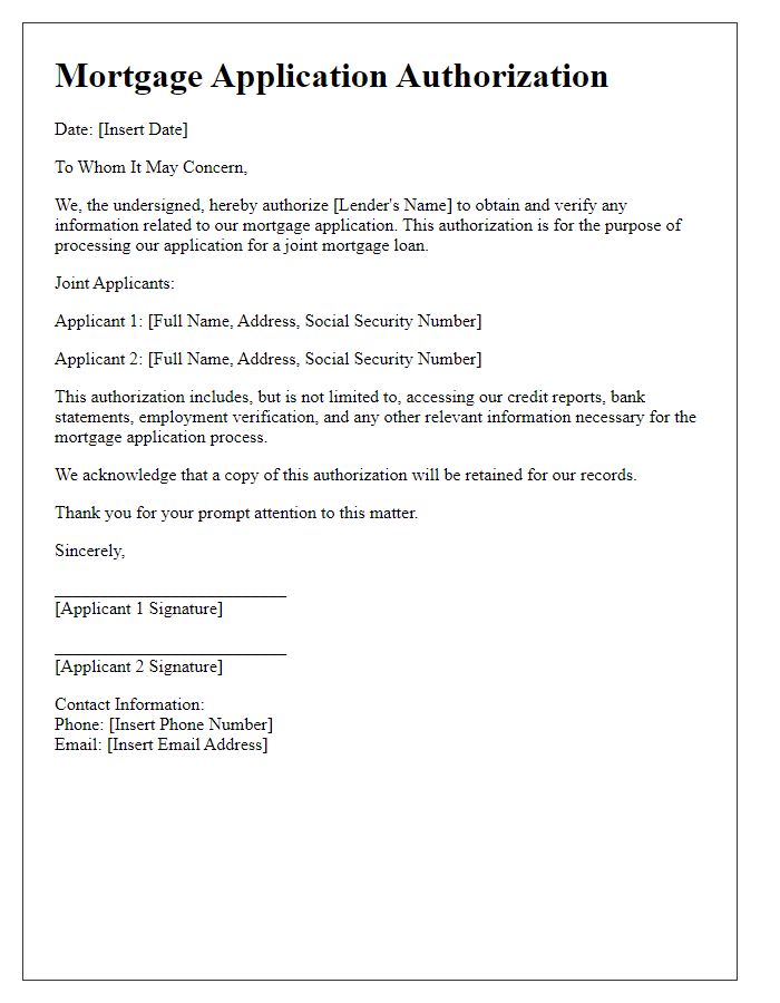 Letter template of mortgage application authorization for joint applications.