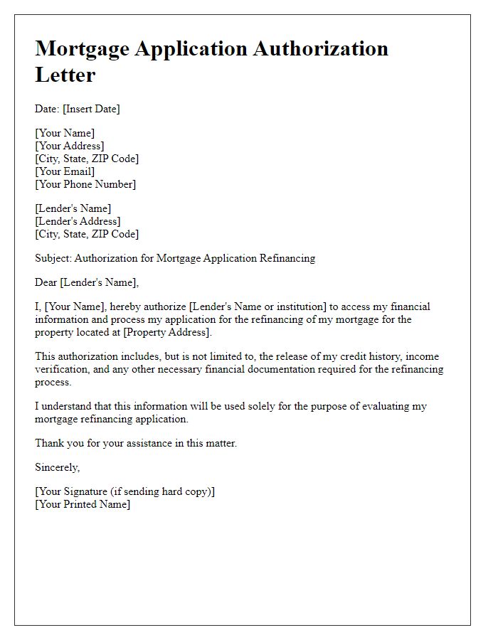 Letter template of mortgage application authorization for refinancing purposes.