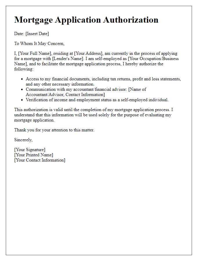 Letter template of mortgage application authorization for self-employed individuals.