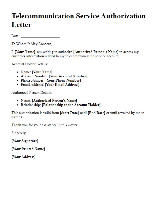 Letter template of telecommunication service authorization for access to customer information.