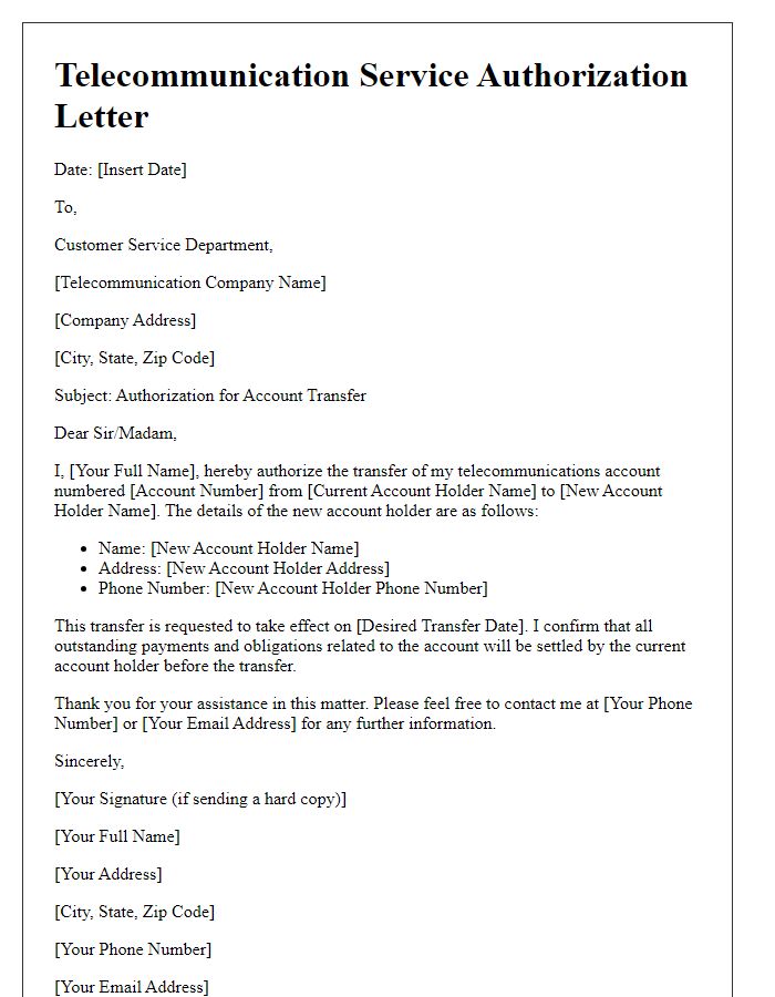 Letter template of telecommunication service authorization for account transfer.