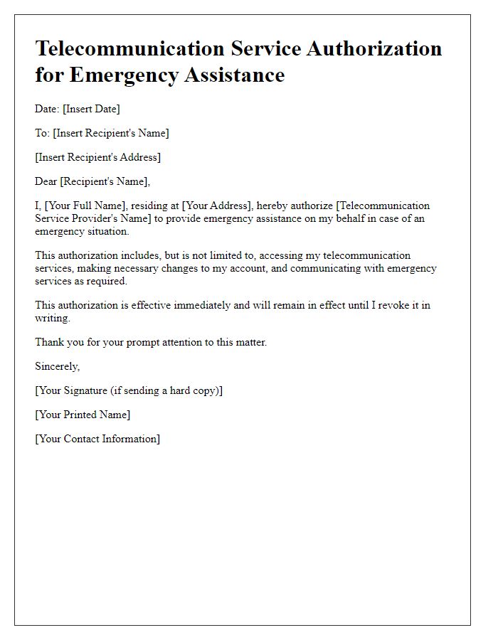 Letter template of telecommunication service authorization for emergency assistance.