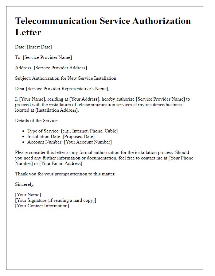 Letter template of telecommunication service authorization for new service installation.