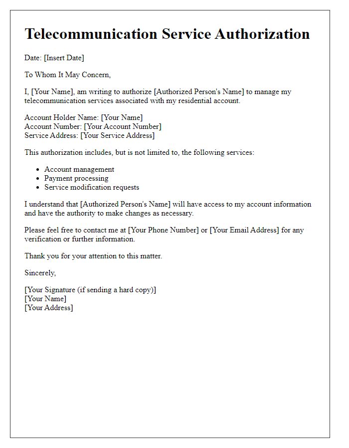 Letter template of telecommunication service authorization for residential account.