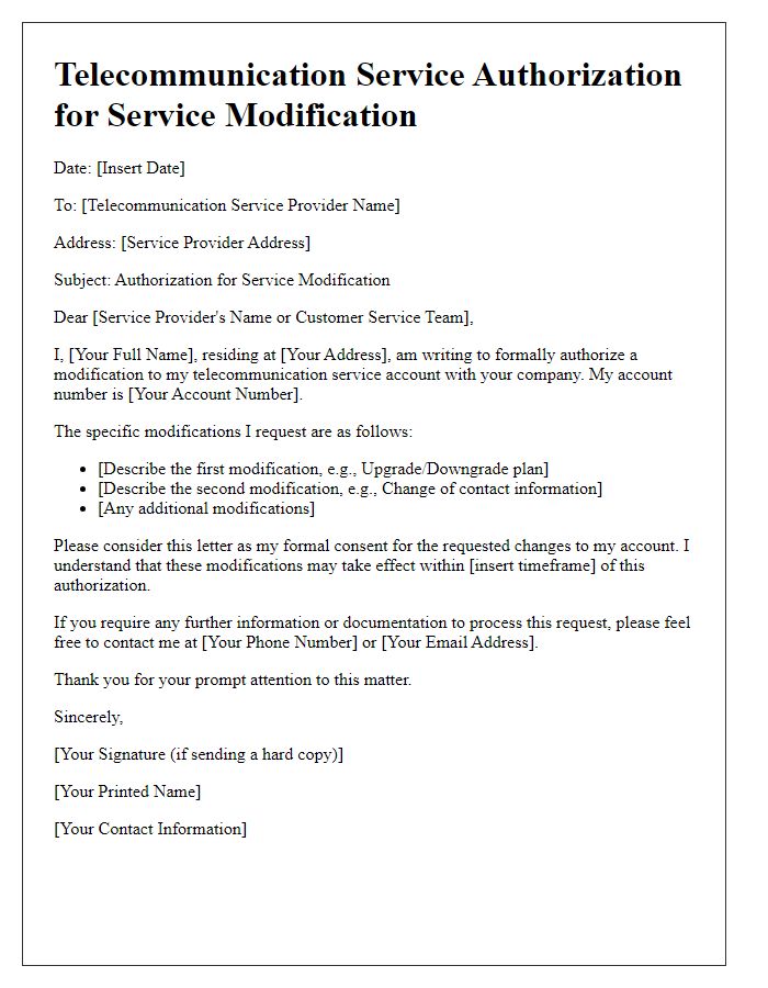 Letter template of telecommunication service authorization for service modification.