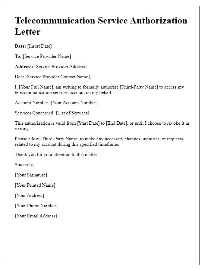 Letter template of telecommunication service authorization for third-party access.