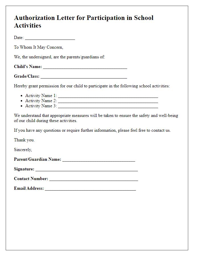 Letter template of authorization for participation in school activities for minors