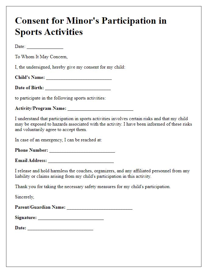 Letter template of consent for minors participation in sports activities