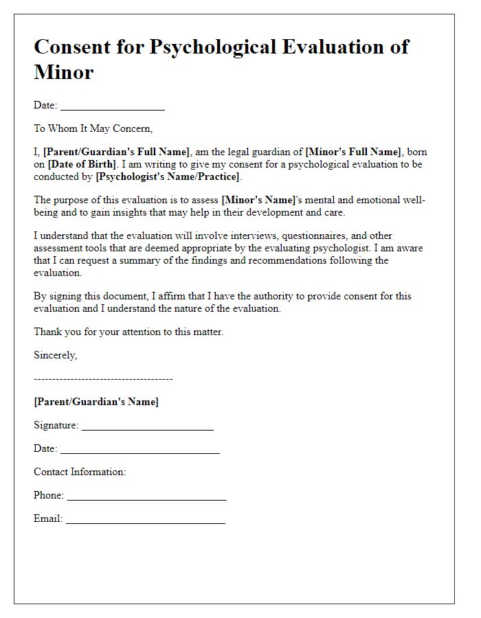 Letter template of consent for psychological evaluation of a minor