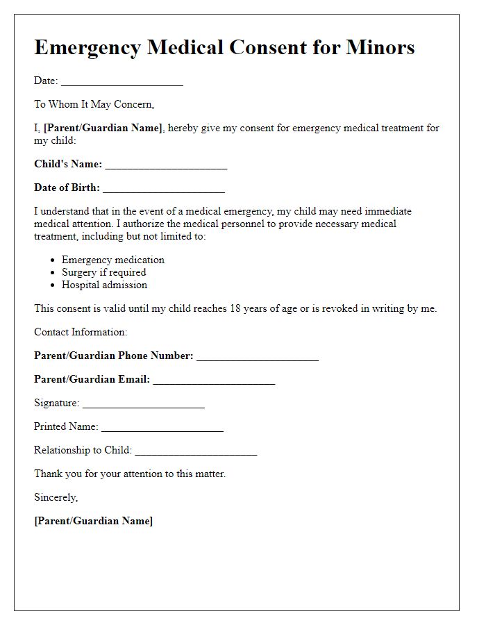 Letter template of emergency medical consent for minors