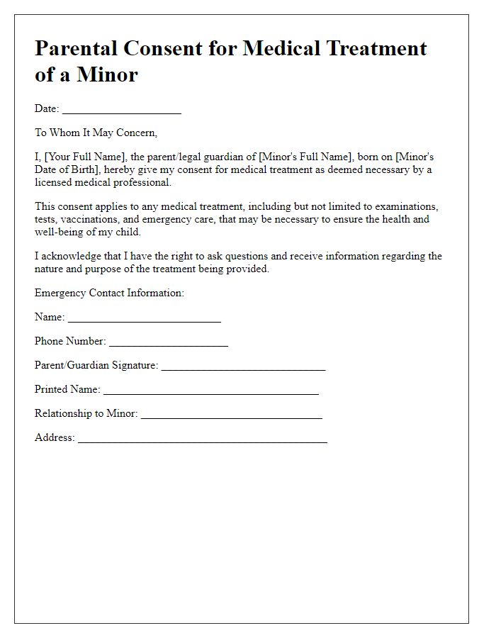 Letter template of parental consent for medical treatment of a minor