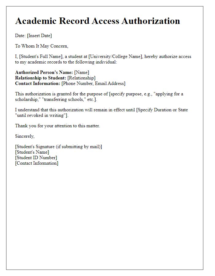 Letter template of Academic Record Access Authorization for Student